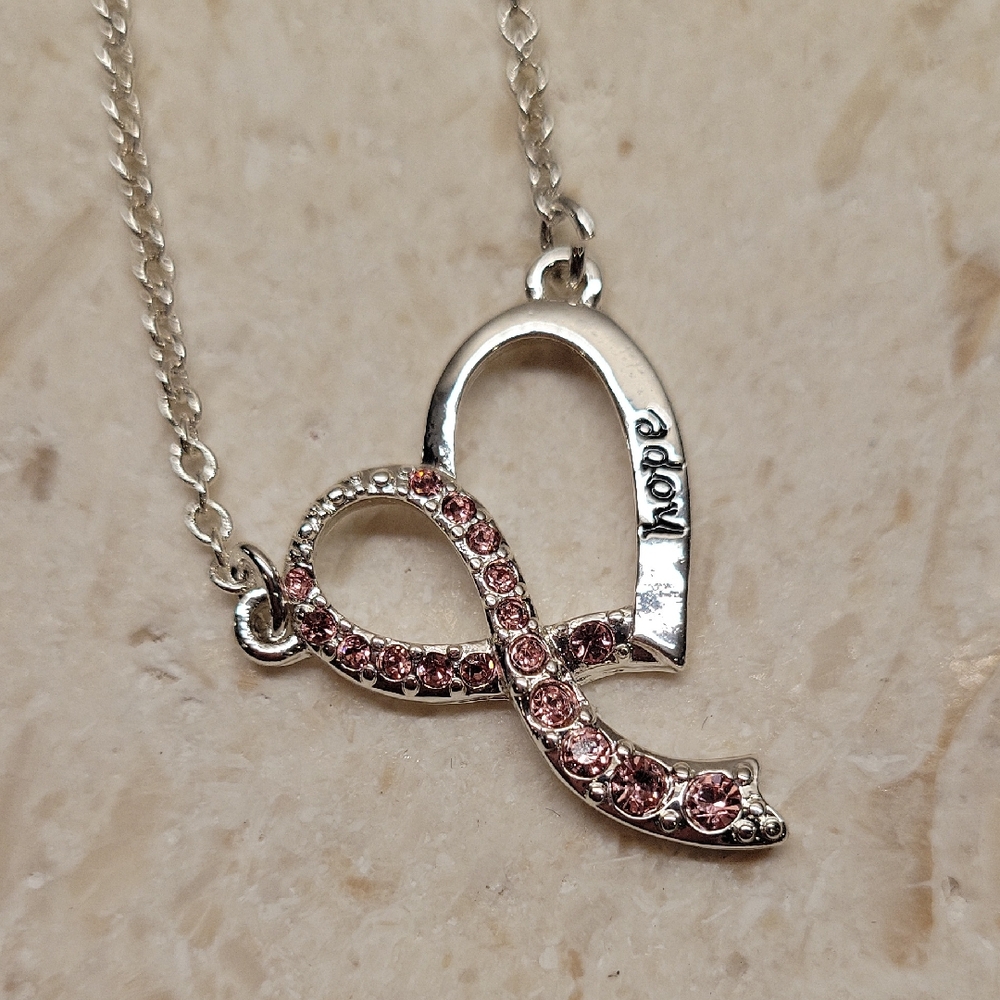 Avon Hope For The Cure Silver Tone Necklace with  Pink Gem Heart Ribbon